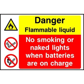 Picture of "Danger Flammable Liquid- No Smoking Or Naked Lights When Batteries Are On Charge" Sign 