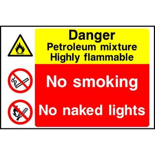 Picture of "Danger Petroleum Mixture Highly Flammable- No Smoking No Naked Lights" Sign 