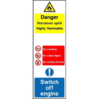 Picture of "Danger Petroleum Spirit- Highly Flammable- No Smoking -No Naked Lights- No Mobile Phones- Switch Off Engine" Sign 