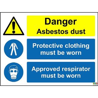 Picture of Danger Asbestos Dust Approved Respirator Must Be Worn Protective Clothing Must Be Worn Safety Sign