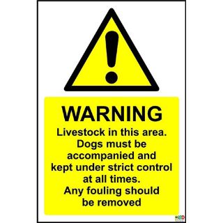 Picture of Warning Livestock In This Area. Dogs Must Be Accompanied And Kept Under Strict Control At All Times. Any Fouling Should Be Removed Sign