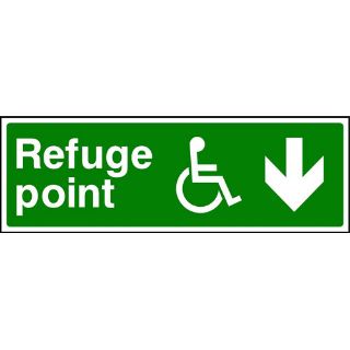 Picture of "Right/Down Arrow-Wheelchair Symbol-Refuge Point" Sign