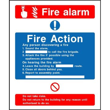 All Materials & Sizes Fire Action Sticker Assembly Plastic Sign Alarm 