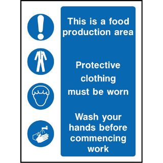 Picture of "This Is A Food Production Area-Protective Clothing Must Be Worn-Wash Your Hands Before Commencing Work" Sign 