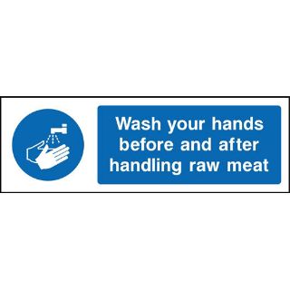 Picture of " Wash Your Hands Before And After Handling Raw Food" Sign 