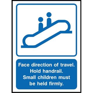 Picture of "Face Direction Of Travel- Hold Handrail. Small Children Must Be Held Firmly" Sign 