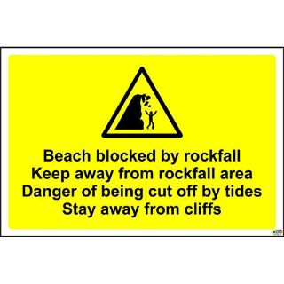 Picture of Beach Blocked By Rockfall Keep Away From Rockfall Area Danger Of Being Cut Off By Tides Stay Away From Cliffs Safety Sign 