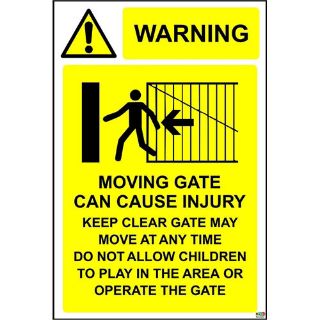 Picture of Warning Moving Gates Can Cause Injury Keep Clear Gate May Move At Any Time Do Not Allow Children To Play In The Area Or Operate The Gate Sign