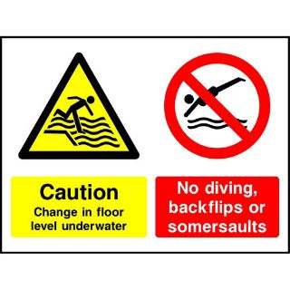 Picture of "Caution Change In Floor Level Underwater/ No Diving, Backflips Or Summersaults" Sign 