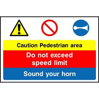Picture of "Caution Pedestrian Area Do Not Exceed Speed Limit Sound Your Horn" Sign