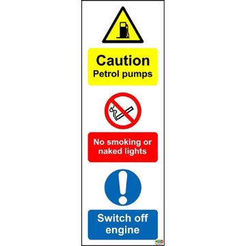Picture of Caution Petrol Pumps. No Smoking Or Naked Lights. Switch Off Engine Sign