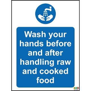 Picture of Wash Your Hands Before And After Handling Raw And Cooked Food Safety Sign 