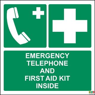 Picture of Emergency Telephone And First Aid Kit Inside C/W Symbols Sign 