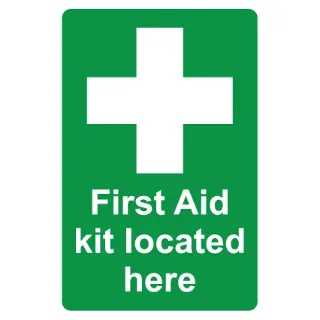 First aid kit located here sign, KPCM Health and Safety Signs