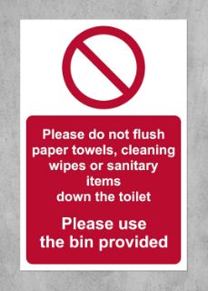 Picture of Please do not flush paper towels, cleaning wipes or sanitary items down the toilet please use the bins provided sign - Self adhesive sticker (150mm x 100mm)