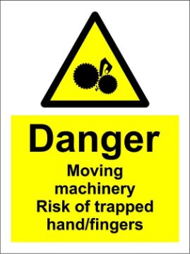 Picture of Warning Danger moving machinery risk of trapped hand fingers safety sign - Self adhesive sticker 150mm x 100mm