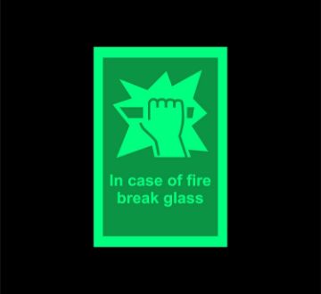 Picture of In case of fire break glass Safety sign - 150mm x 100mm 1.2mm Photoluminescent rigid plastic with self adhesive backing