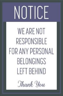 Picture of We are not responsible for any personal belongings left behind sign - Self adhesive sticker (400mm x 300mm)