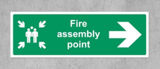 Picture of Fire assembly point directional right arrow Safety sign - 1.2mm Rigid plastic 300mm x 100mm