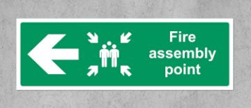 Picture of Fire assembly point directional left arrow Safety sign - 1.2mm Rigid plastic 300mm x 100mm