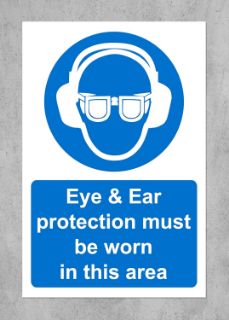 Picture of Eye and ear protection must be worn in this area Safety sign - Self adhesive sticker (300mm x 200mm)