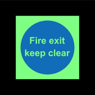Picture of Fire exit keep clear Door safety sign - 100mm x 100mm 1.2mm Photoluminescent glow in the dark rigid plastic with self adhesive backing