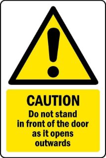 Picture of Do not stand in front of the door as it opens outwards Safety sign - Self adhesive sticker (300mm x 200mm)