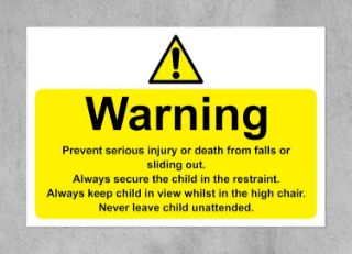Picture of Warning high chair safety sign - Self adhesive sticker (200mm x 150mm)