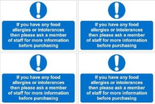 Picture of If you have any food allergies or intolerances then please ask a member of staff for more information sign, 100x150mm, pack of 4 stickers on A4 sheet