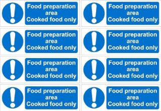 Picture of Food preparation area, cooked food only sign - 150x50mm pack of 8 stickers on A4 sheet