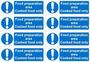 Picture of Food preparation area, cooked food only sign - 150x50mm pack of 8 stickers on A4 sheet