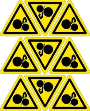 Picture of Caution pinch point sign, 100mm triangle - Pack of 9 stickers on A4 sheet
