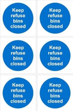 Picture of Keep refuse bins closed sign - 100x100mm, pack of 6 stickers on A4 sheet