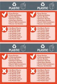 Picture of Plastics recycling bin sign, Yes/No, 100x150mm, pack of 4 stickers on A4 sheet