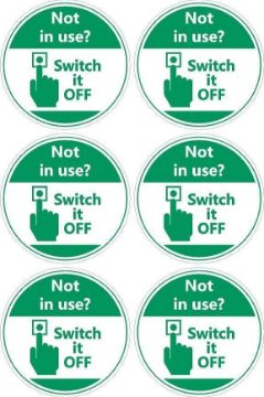 Picture of Not in use? Switch it Off Sign, 100mm Circle - Pack of 6 Stickers on A4 Sheet