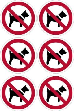 Picture of No Dogs Symbol Sign 100mm Circle - Pack of 6 Stickers on A4 Sheet