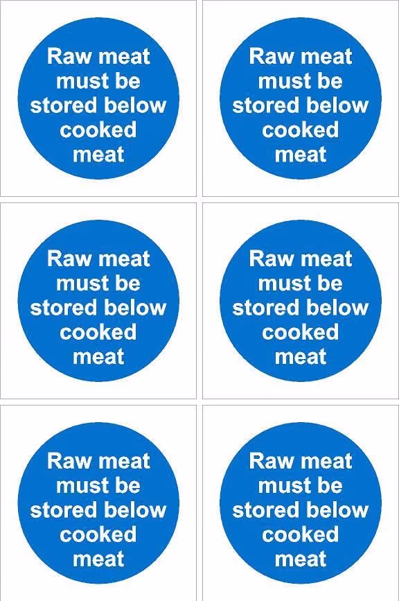 Picture of Raw meat must be stored below cooked meat sign - 100x100mm, pack of 6 stickers on A4 sheet